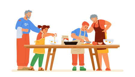 Grandparents with two grandchildren boy and girl cooking together on kitchen table flat vector illustration isolated on white.のイラスト素材