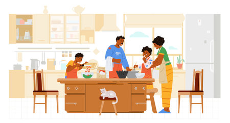African American family cooking together in the kitchen flat vector illustration. Parents with two children preparing food at home.のイラスト素材