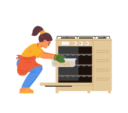 Girl in apron putting a bakery pan in a gas stove flat vector illustration isolated on white. Kid cooking.のイラスト素材