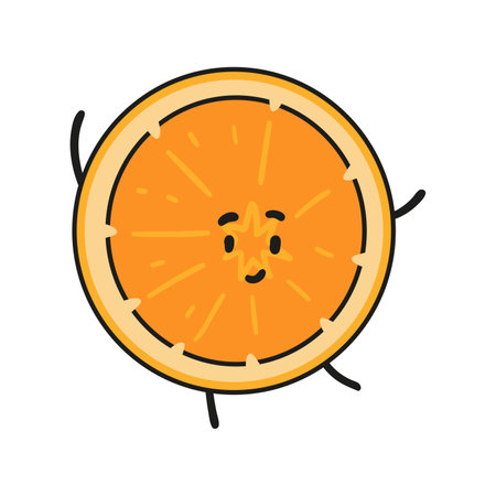 Funny orange slice doodle kawaii character illustration with outline isolated on white.のイラスト素材