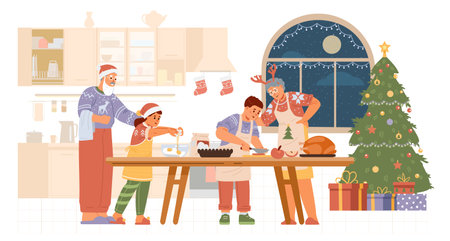 Grandparents with grandchildren making Christmas dinner in the kitchen flat vector illustration. Family preparing for Christmas celebration.のイラスト素材