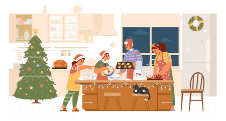 Happy family in Santa hats baking cookies for Christmas in the kitchen flat vector illustration. Parents with children preparing for Christmas celebration.のイラスト素材
