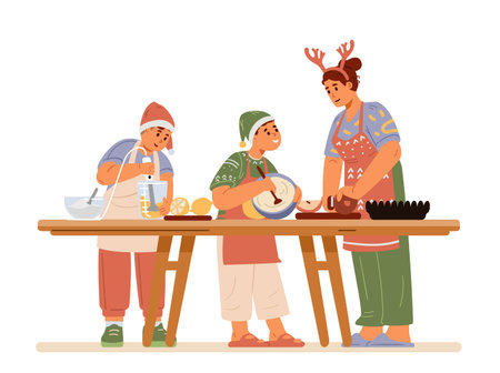 Mother with two sons in Santa hats and antlers cooking Christmas food flat vector illustration isolated on white. Family preparing for Christmas dinner together.のイラスト素材