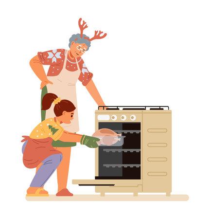 Grandmother with granddaughter baking turkey in gas stove for Christmas dinner flat vector illustration isolated on white. Family preparing for Christmas celebration.のイラスト素材