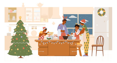 African American family in Santa hats making Christmas dinner in the kitchen flat vector illustration. Parents with children preparing for Christmas celebration.のイラスト素材