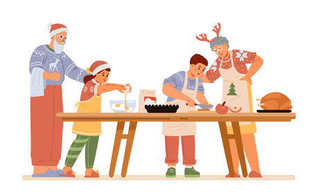 Grandparents with grandchildren making Christmas dinner on the kitchen table flat vector illustration isolated on white. Family preparing for Christmas celebration.のイラスト素材
