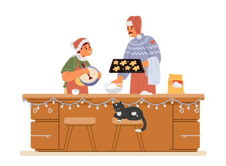 Father and son in Santa hats baking Christmas gingerbread together flat vector illustration isolated on white.のイラスト素材