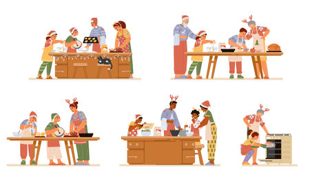 Different families in Christmas outfits preparing food for Christmas dinner vector illustrations set. Baking pies, cookies, turkey, making salad.のイラスト素材
