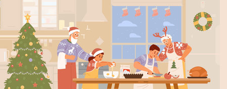 Grandparents with grandchildren making Christmas dinner in the kitchen flat vector illustration. Family preparing for Christmas celebration.のイラスト素材