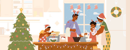 African American family in Santa hats and antlers making Christmas dinner in the kitchen flat vector illustration. Parents with children preparing for Christmas celebration.のイラスト素材