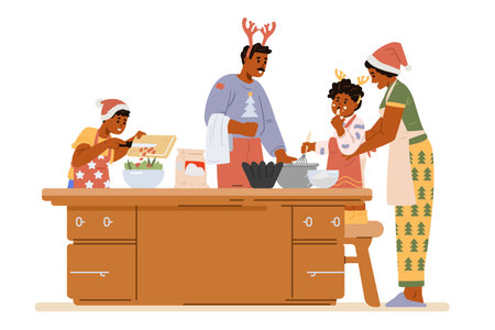 African American family in Santa hats and antlers making Christmas dinner in the kitchen flat vector illustration isolated on white. Parents with children preparing for Christmas celebration.のイラスト素材