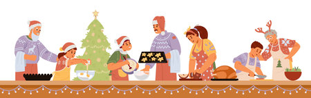 Family cooking food for Christmas dinner together flat vector horizontal banner. Parents, grandparents and children in Santa hats preparing for Christmas celebration illustration.のイラスト素材