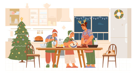 Mother with two sons in Santa hats and aprons cooking in the kitchen flat vector illustration. Family preparing for Christmas dinner together.のイラスト素材