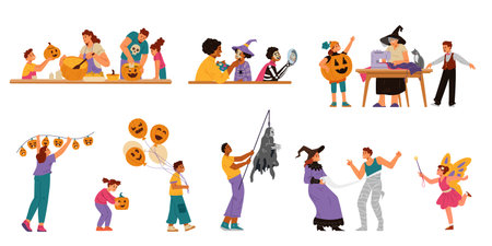 People getting ready for Halloween celebration flat vector illustrations set isolated on white. Family carving pumpkins, decorating, making costumes, putting on makeup.のイラスト素材