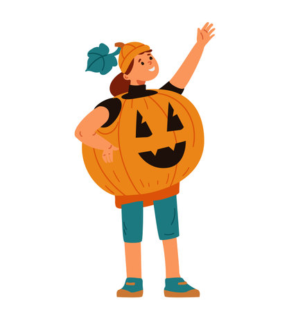 Girl in pumpkin Halloween costume waving flat vector illustration isolated on white.のイラスト素材