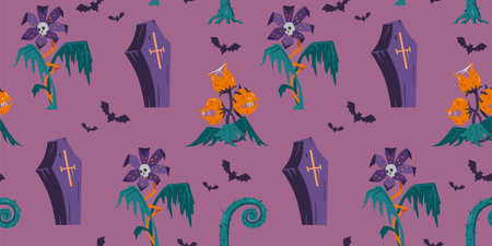 Halloween seamless vector pattern with creepy monster plants, coffin and bats.のイラスト素材