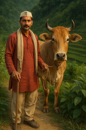 Indian farmer with cow at the rice terraces in the morning.の素材