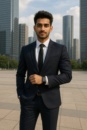 Portrait of young handsome Indian man in suit against modern skyscrapersの素材