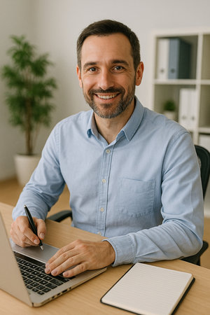 Portrait of a smiling mature man working on a laptop at homeの素材