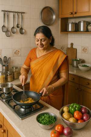 Middle-aged Indian woman cooking in the kitchen at home. She is wearing orange saree.の素材