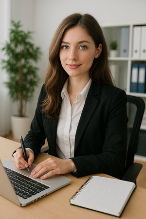 beautiful young woman in formal wear working with laptop in officeの素材