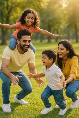Happy family playing in the park. Mother, father daughter and son having fun together.の素材