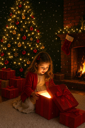 Little girl opening a gift box by the fireplace at Christmas time.の素材