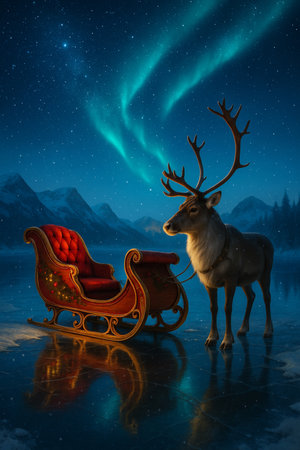 Christmas landscape with reindeer and sleigh, 3d renderの素材