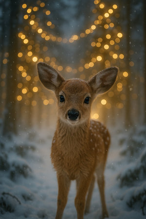 Beautiful young deer in the winter forest at night with Christmas lightsの素材