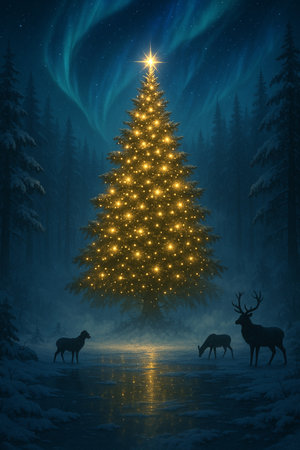 christmas tree with deers in winter forest. 3d illustrationの素材