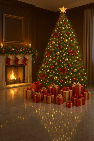 Christmas tree with presents and fireplace in a classic interior. 3d renderの素材