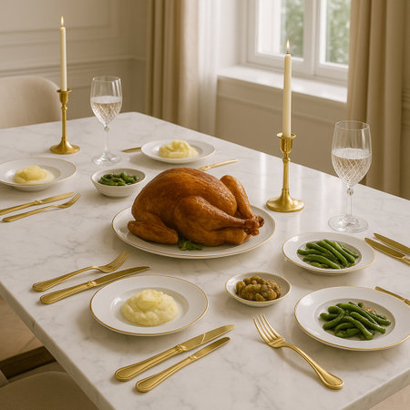 Thanksgiving dinner table with roasted turkey, mashed potatoes and green beansの素材