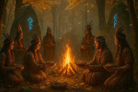 Three men in the forest with fire in the background, 3d illustrationの素材