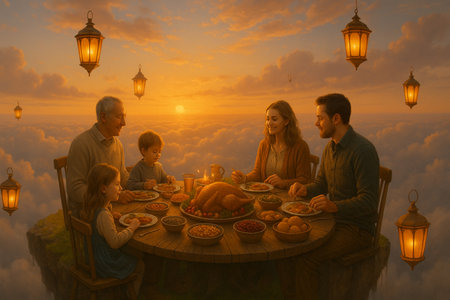 Happy family having dinner in thanksgiving at the table in the morning. Happy family conceptの素材