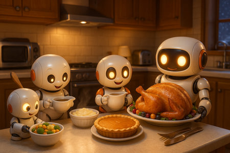 Cute robots in the kitchen eating healthy food. Concept of friendly family.の素材