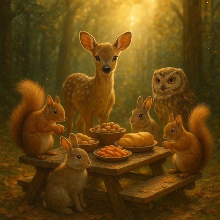 3d rendering of a group of squirrels sitting at the table in the forestの素材