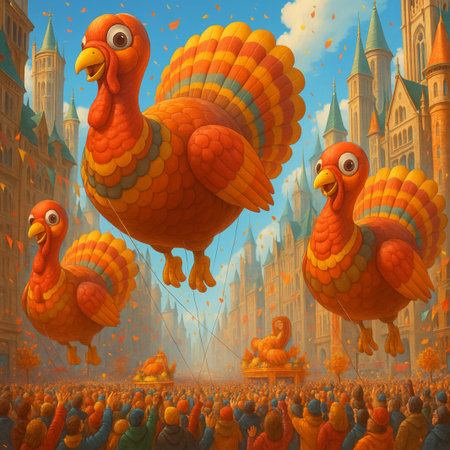 Cartoon scene with happy turkey and crowd of people - illustration for childrenの素材