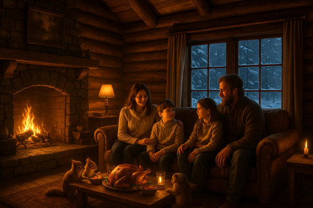 Happy family sitting in a cozy log house by the fireplace at night.の素材