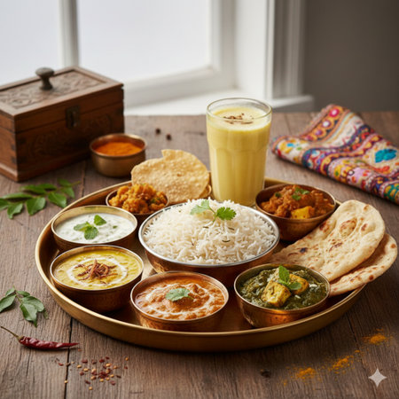 Group of Assorted Indian Tea Time Dishes including Chicken tikka masala, Dal Makhani, Palak Paneer, Aloo Roti, Palak Paneer, Kachori and Cheese Roti.の素材