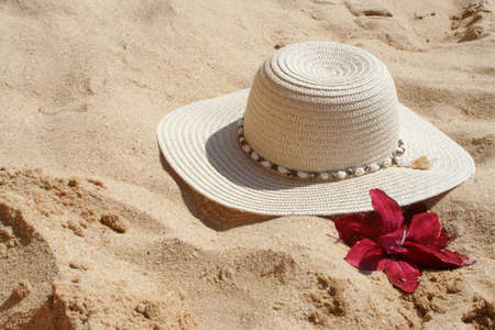 beach hat and flower in the sandの写真素材