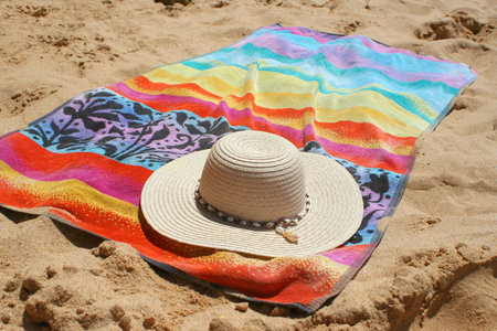 beach hat and towel in the sandの写真素材
