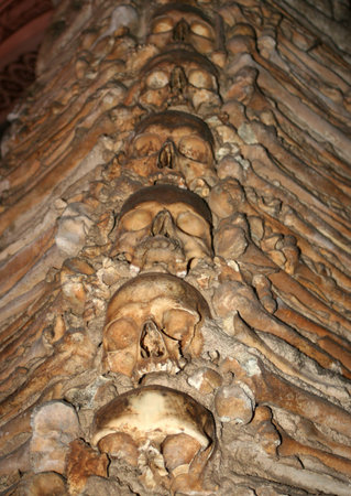 bones and skulls in the Temple of the Bones in Evora, Portugal