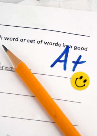 A+ grade on elementary school spelling testの写真素材