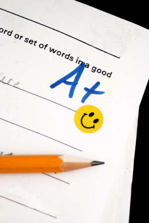A+ grade on elementary school spelling testの写真素材