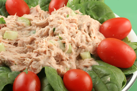 healthy lunch of tuna salad with cherry tomatoes and spinachの写真素材