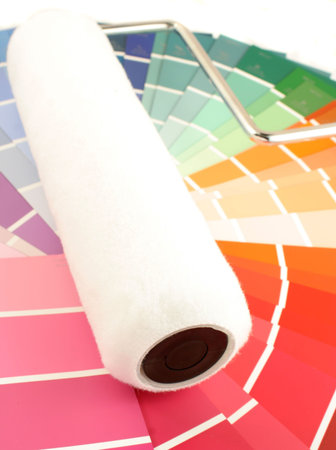 rainbow paint swatches, and  paint roller for home decorating