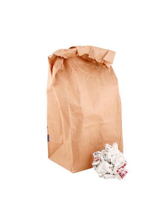 isolated brown paper takeout  bag and empty wrapper on whiteの写真素材
