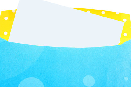 empty yellow and blue envelope with blank note on a white background