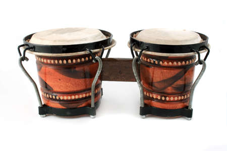 Rhythm percussion instruments bongo drums on a white backgroundの写真素材