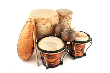 Latin rhythm percussion instruments like  on a white backgroundの写真素材